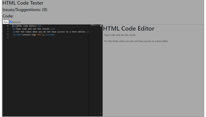 HTML Code Tester Website Page Screenshot